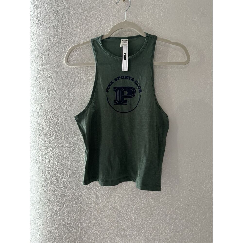 PINK COTTON CROPPED RACERBACK TANK TOP size XS in green - Picture 2 of 8